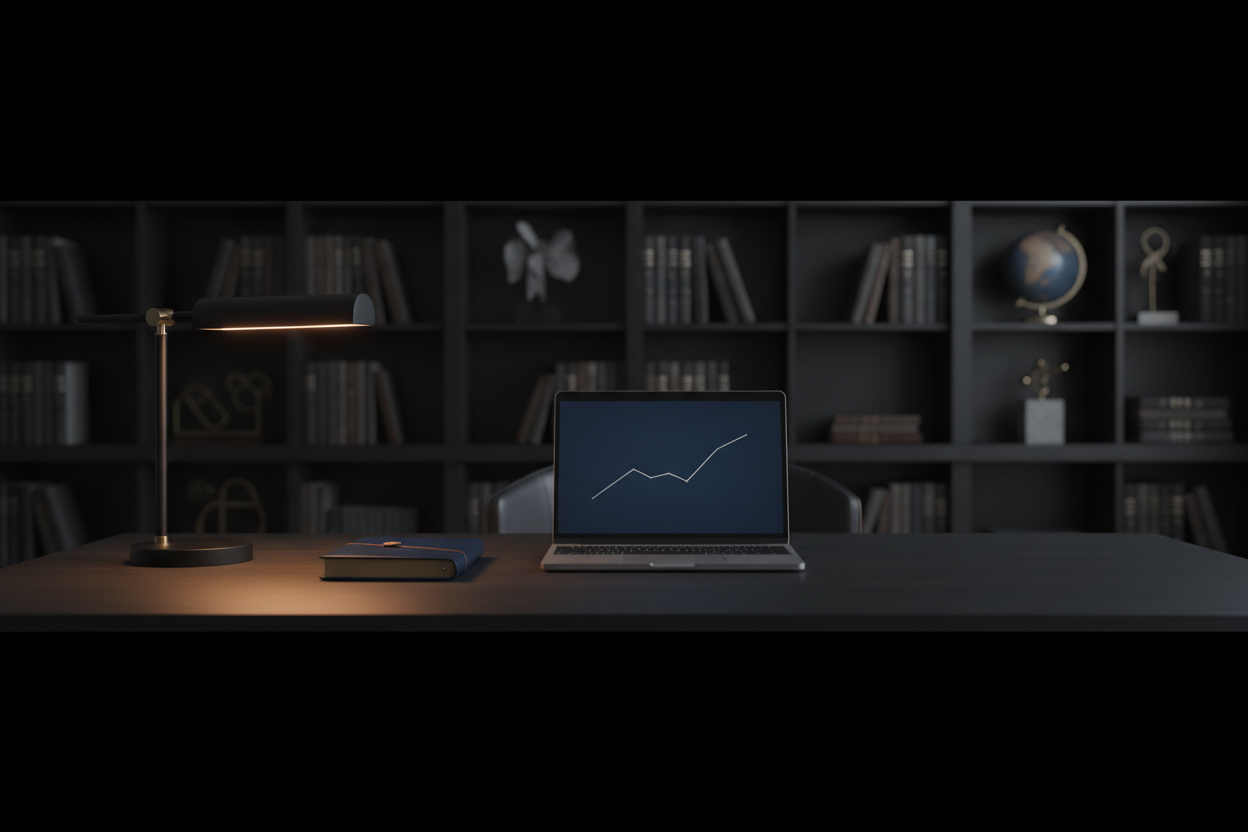 A wide horizontal cinematic banner of a professional, dark academic workspace. A clean dark desk with a laptop showing a simple line graph, a closed high-end notebook, and a modern desk lamp providing soft moody lighting. The background is a blurred library or a sophisticated study room. Minimalist, premium feel, dark tones (black, charcoal, deep blue). No people, no text, high resolution, photorealistic.